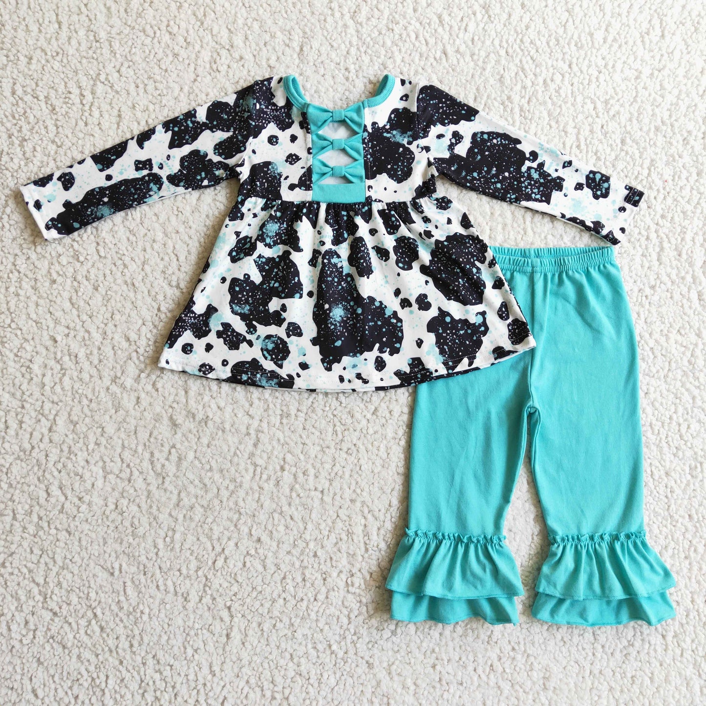 Baby Girls Long Sleeves Cow Print Tunic Aqua Ruffle Pant Fall Set