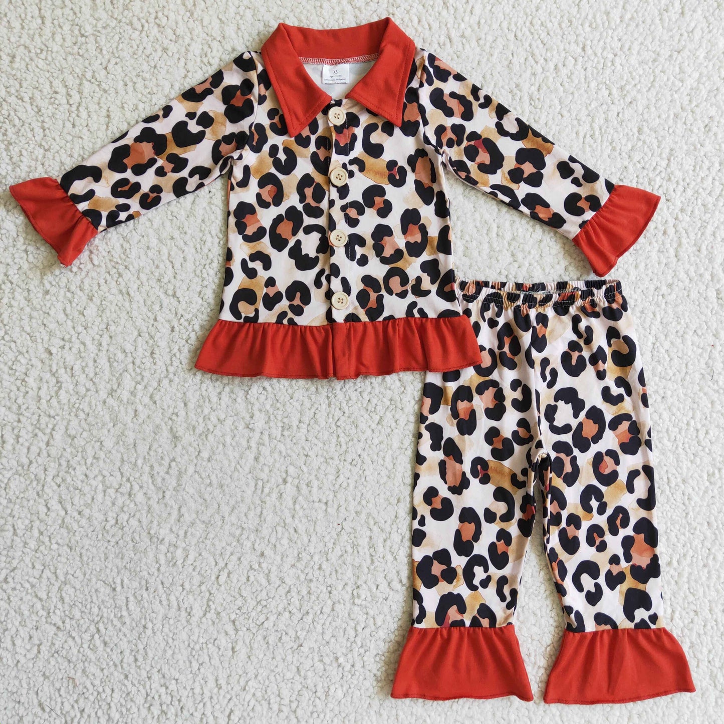 GLP0307 Baby Girls Leoaprd Button Ups Pajama Set With Orange Ruffle