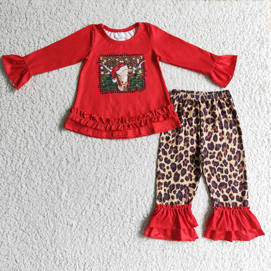 Baby Girls Christmas Cow Red Top Leoarpd Pants Set