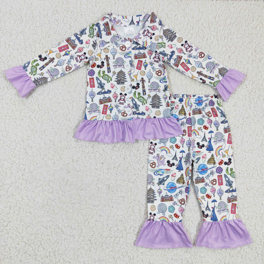 Baby Girls Cartoon Button Ups Pajamas With Purple Ruffle