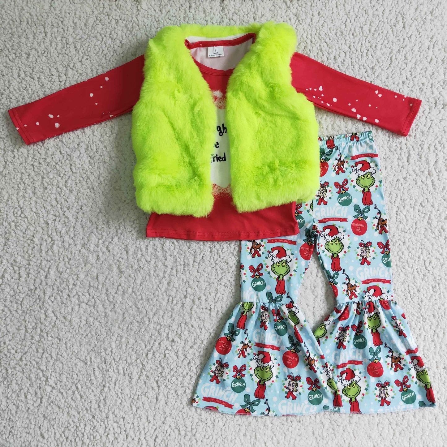 Green fur vest red cartoon christmas outfits baby girl clothes