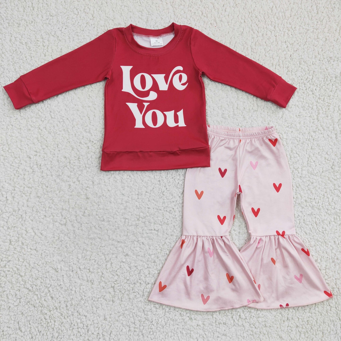 Sibling Baby Girls Valentine's Day Outfit Love you Mean It Bell Bottom Pants Outfit