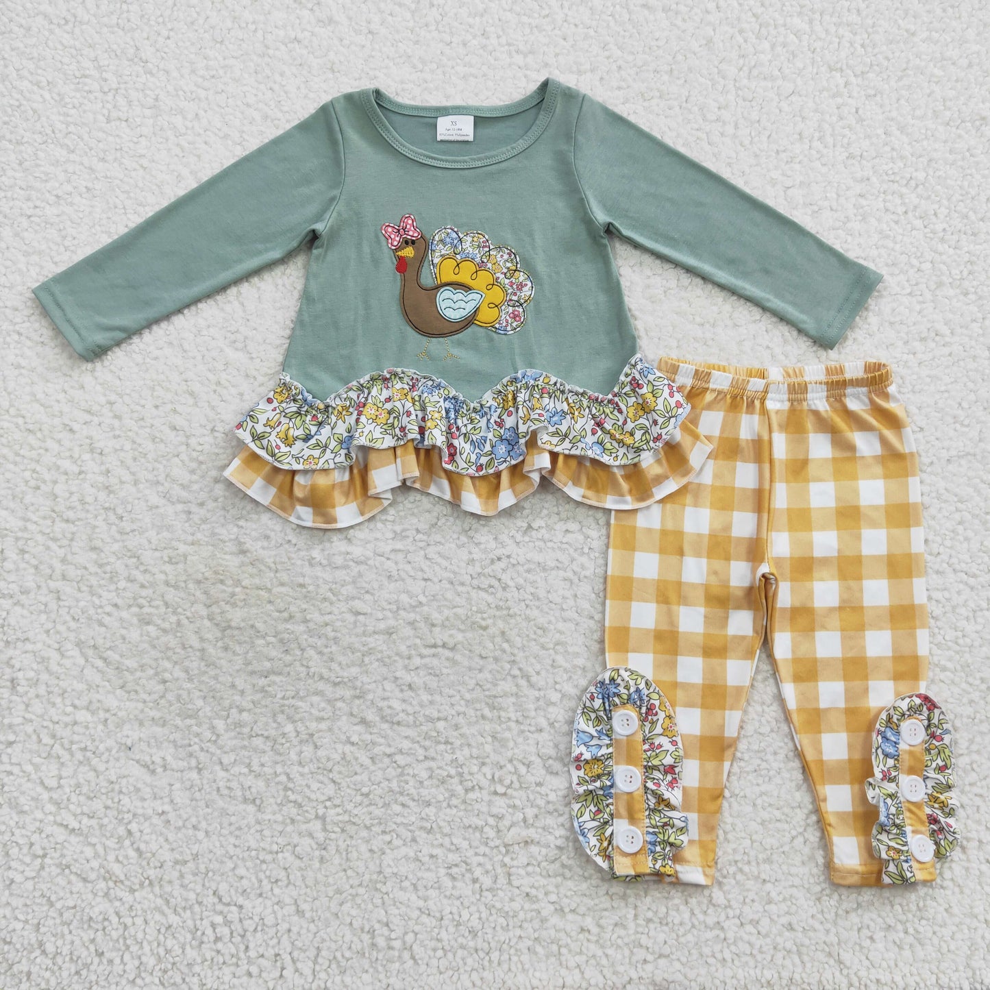 Sibling Baby Girls Thanksgiving Charming Turkey Applique Tunic Top With Pants Outfit