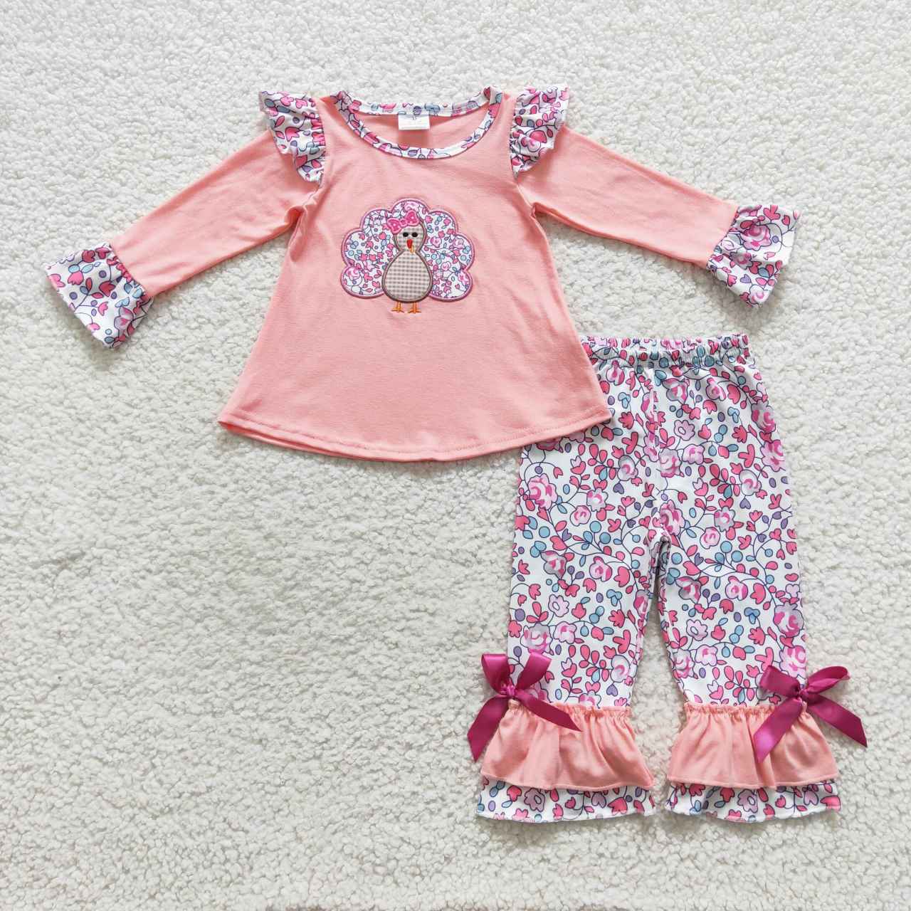 Kids Girls Embroidery Thanksgiving Turkey Pink Set