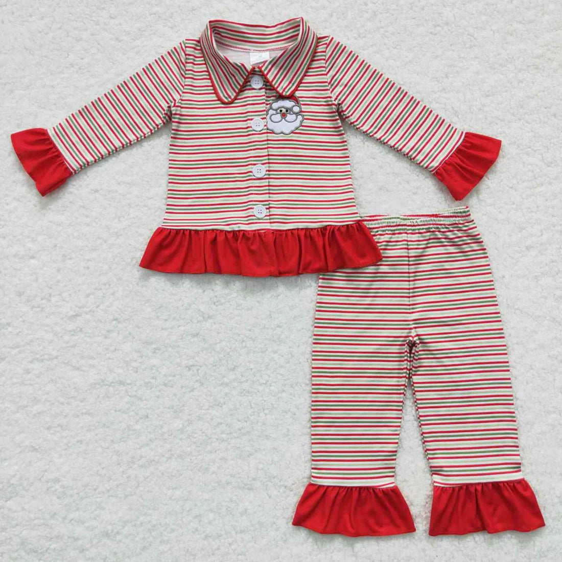 Sibling Baby Boys Girls Embroidery Striped Santa Button Top Pants Christmas Pajamas Sets