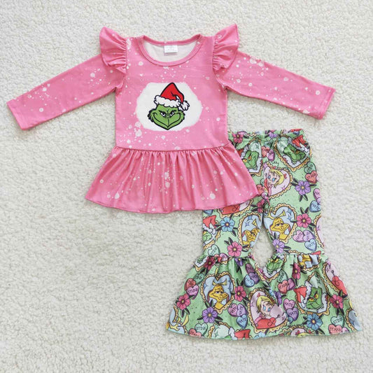 Baby Girls Chrismas Green Face Bell Bottom Pants Set