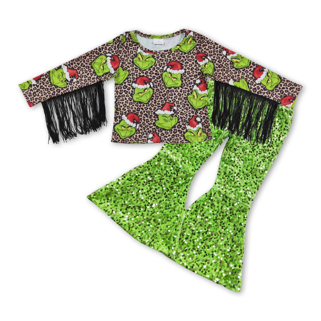 Baby Girls Christmas Frog Tassel Shirt Green Sequin Pants clothes sets