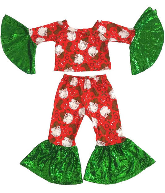 Kids Girls Christmas Outfit With Green Sequin Ruffle