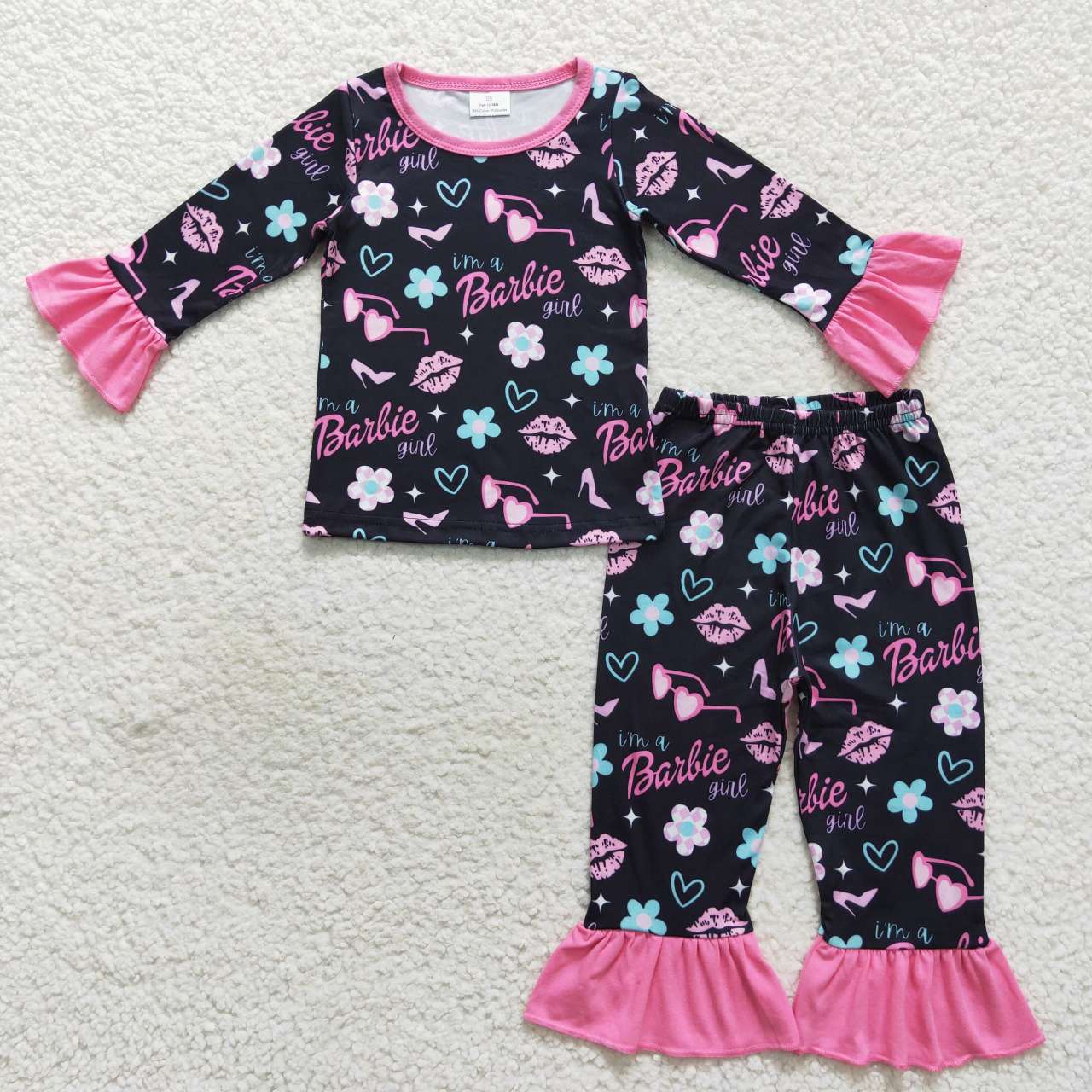 Baby Girls Doll Black Flowers Ruffle Pants Pajamas Clothes Sets