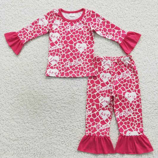 GLP0653 Baby Girls Doll Pink Hearts Ruffle Pants Pajamas Clothes Sets