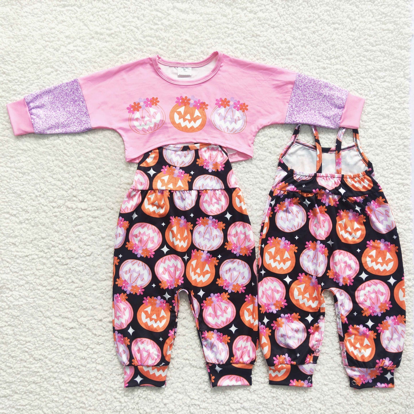 GLP0686 Kids Girls Halloween Pumpkin Jumpsuit and Top Set