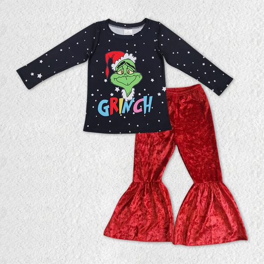 Baby Girls Chrismtas Green Face Top  Red Velvet Pants Set