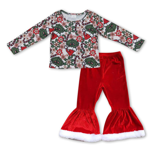 Baby Girls Christmas Frog Long Sleeve Tee Top Red Velvet Bell Pants Clothes Sets