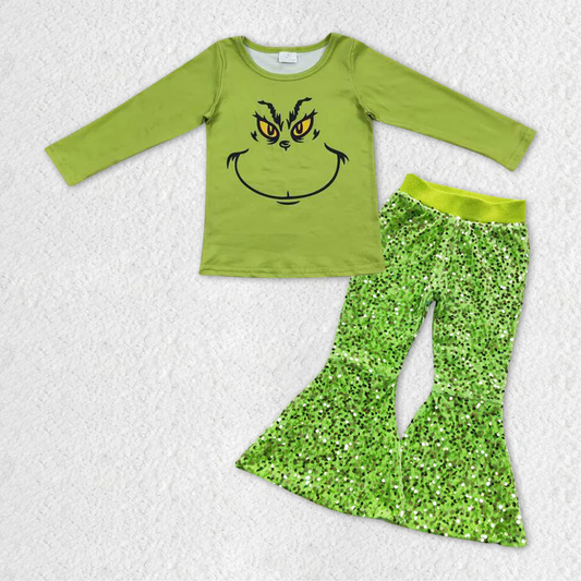 Baby Girls Chrismtas Green Face Top Green Sequin Pants Set