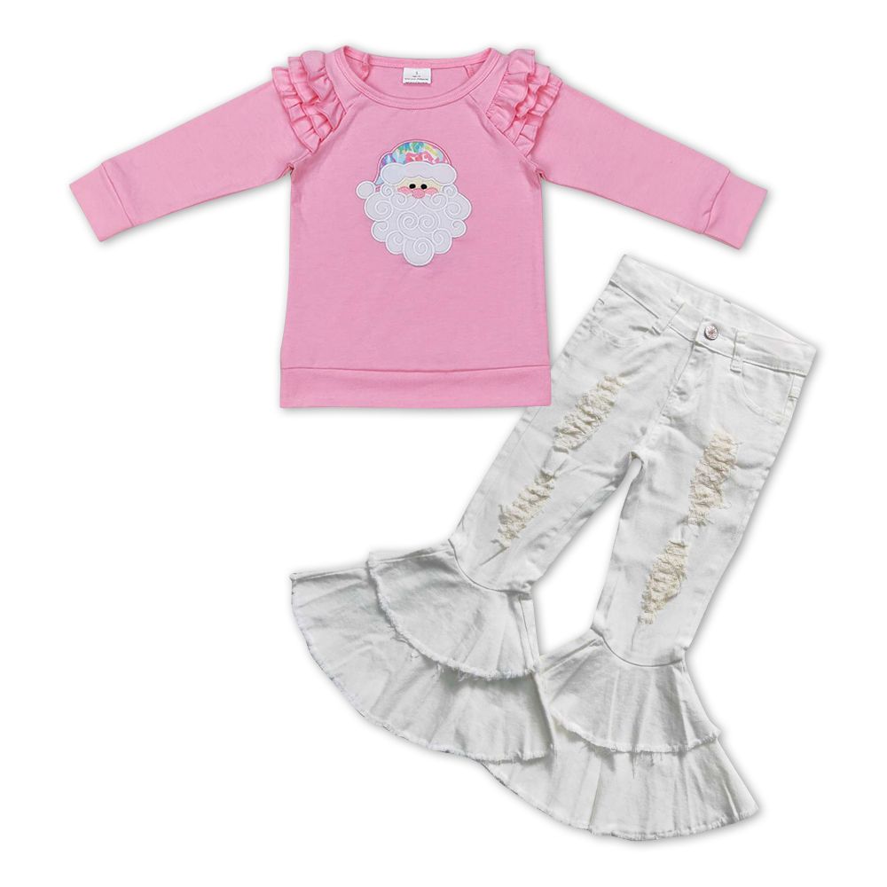 Baby Girls Christmas Santa Pink Top +White Denim Pants Set