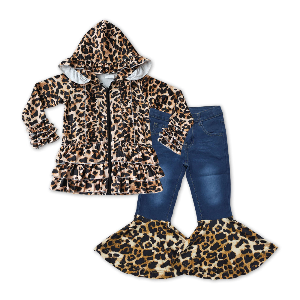 Leopard Jacket Matching Denim Bell Pants Set