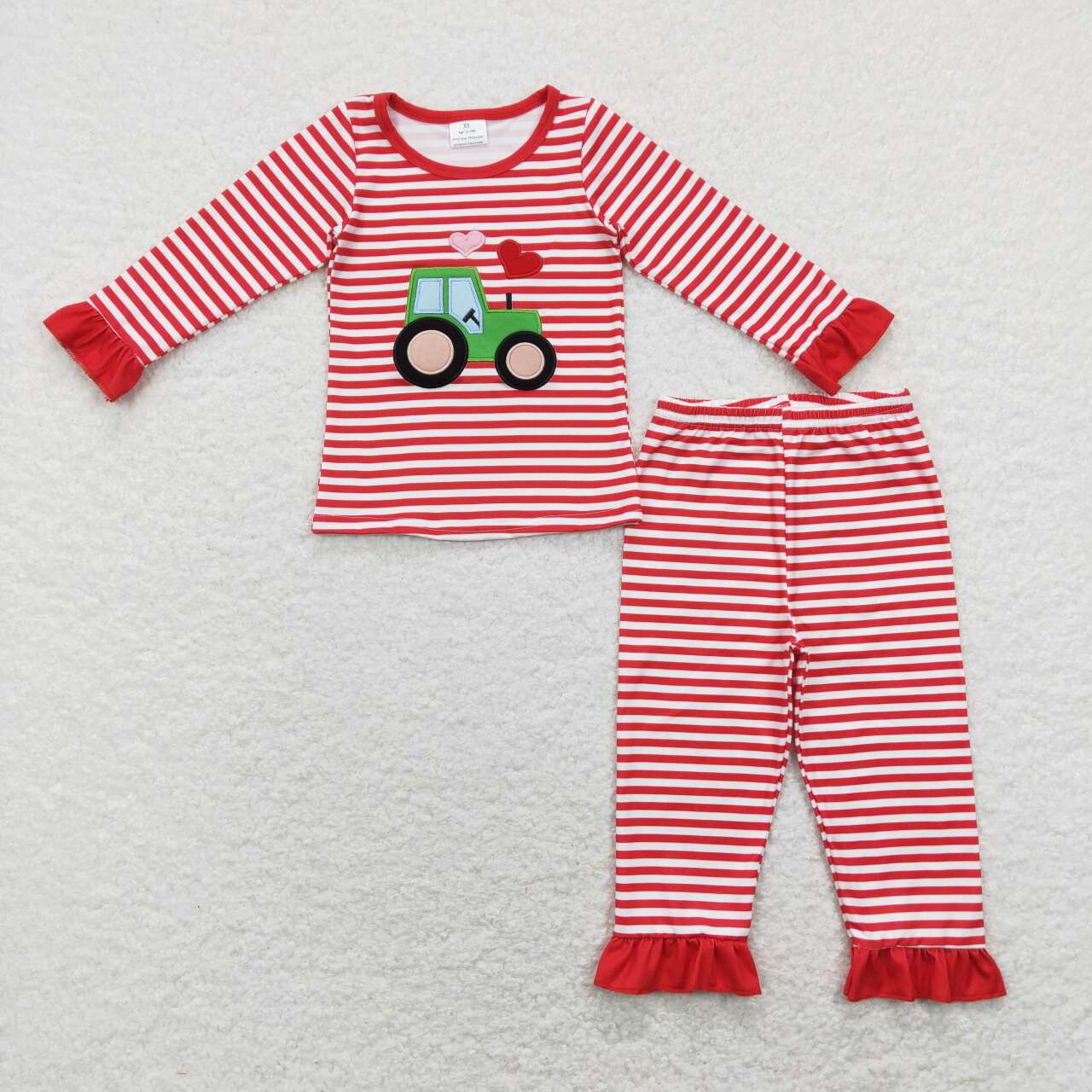 Sibling Girls Boys Valentines Red Stripes Tractor Hearts Outfit and Romper