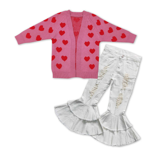 Valentine's Day Heart Sweater Cardigen Matching White Denim Pants Set