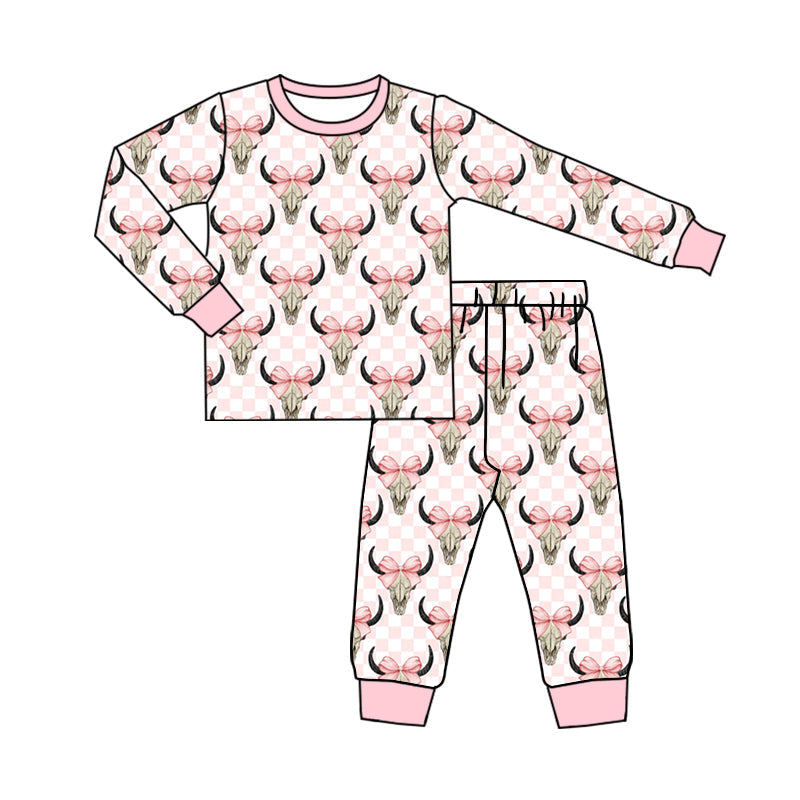 GLP1215 Baby Girls Pink  Highland Cow Long Sleeve Pajama Set Pre-order