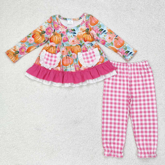 Baby Girls Fall Pumpkin Top Pink Gingham Pants Set