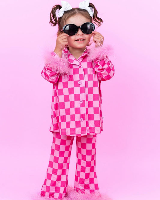 Baby Girls Dark Pink Checkered Buttons Top Pants Fur Pajamas Clothes Sets