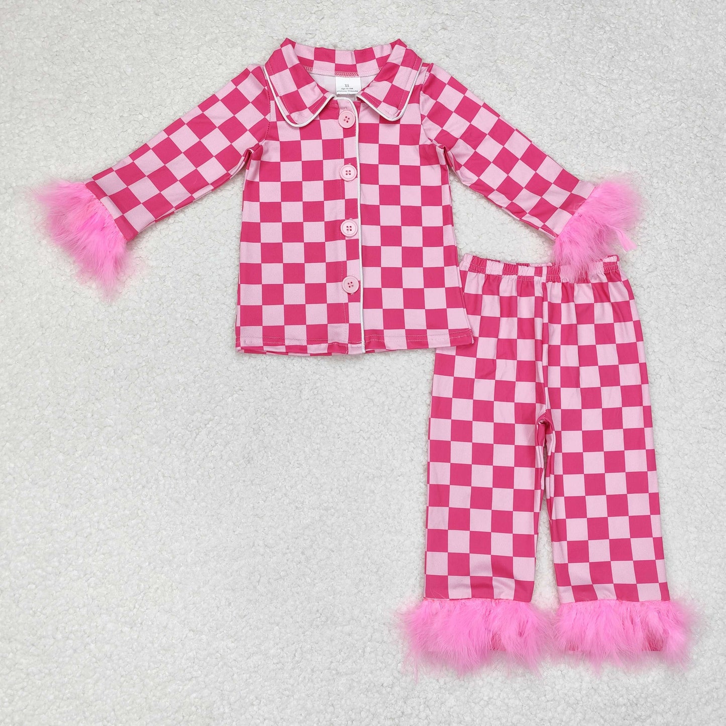 Mommy And Me Pink Checked Buttons Top Pants Fur Pajamas Clothes Sets