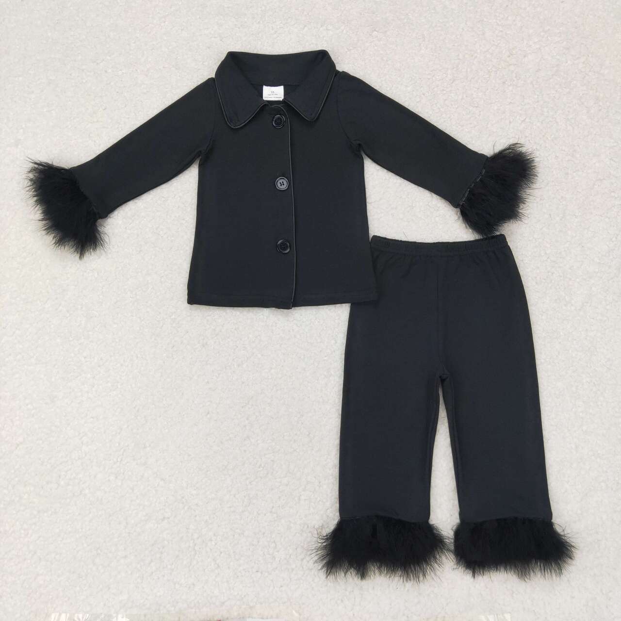 Mommy and Me Black Color Cotton Button Up Top Pants Fur Pajamas