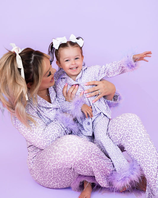 Mommy And Me  Leopard Buttons Top Pants Fur Pajamas Clothes Sets