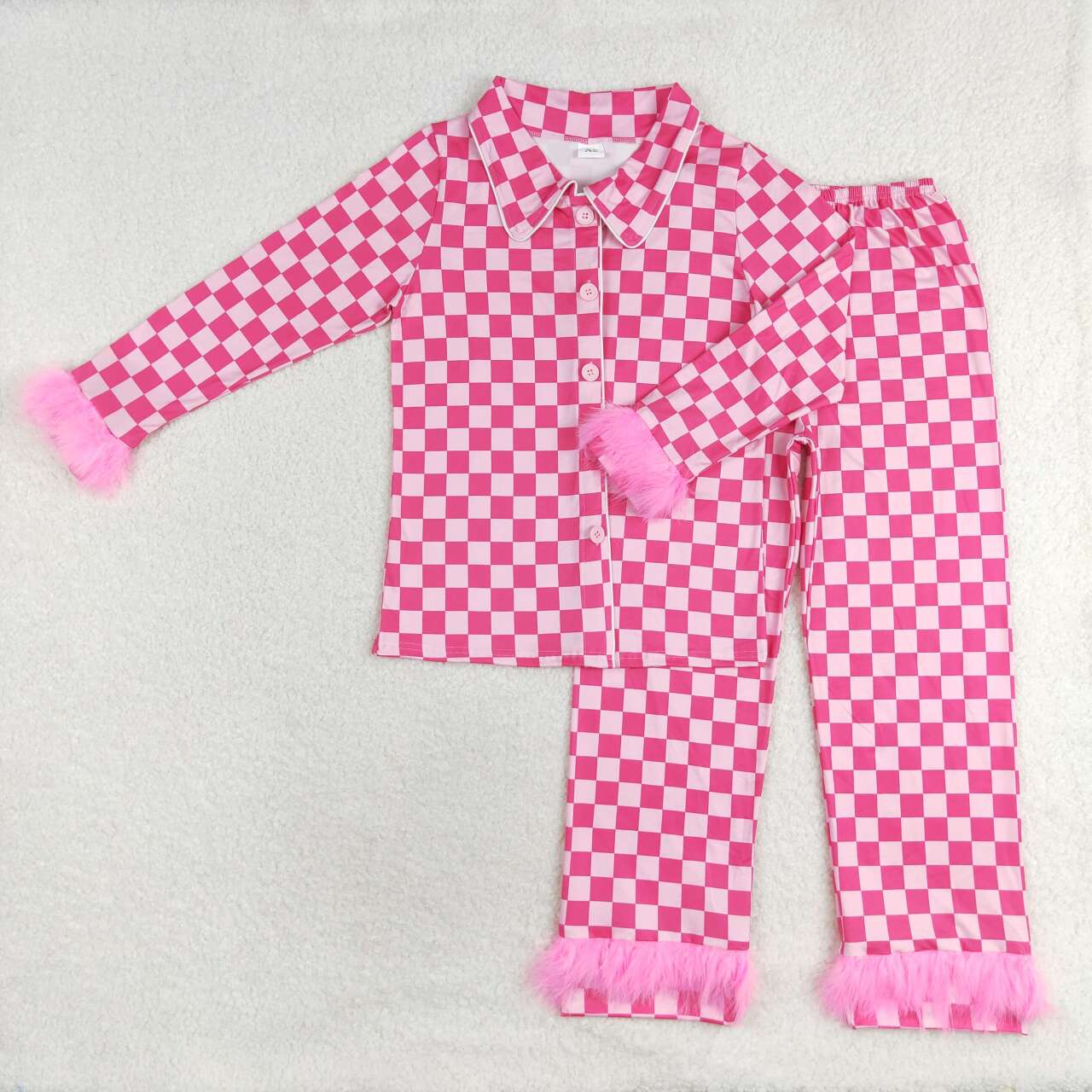 Mommy And Me Pink Checked Buttons Top Pants Fur Pajamas Clothes Sets