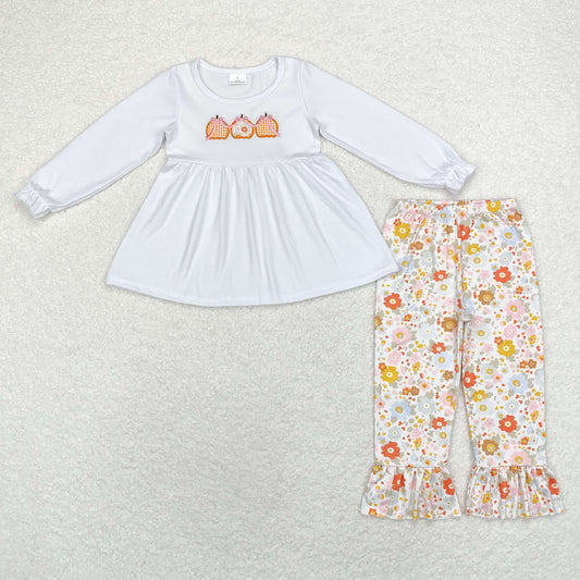 Baby Girls White Pumpkins Tunic Ruffle Floral Pants Clothes Sets