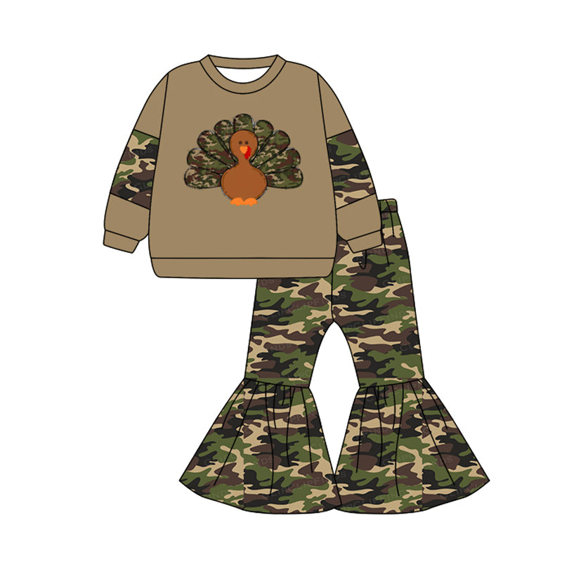 GLP1391 Kids Girls Thanksgiving Set Camo Turkey Top Bell Bottom Pants