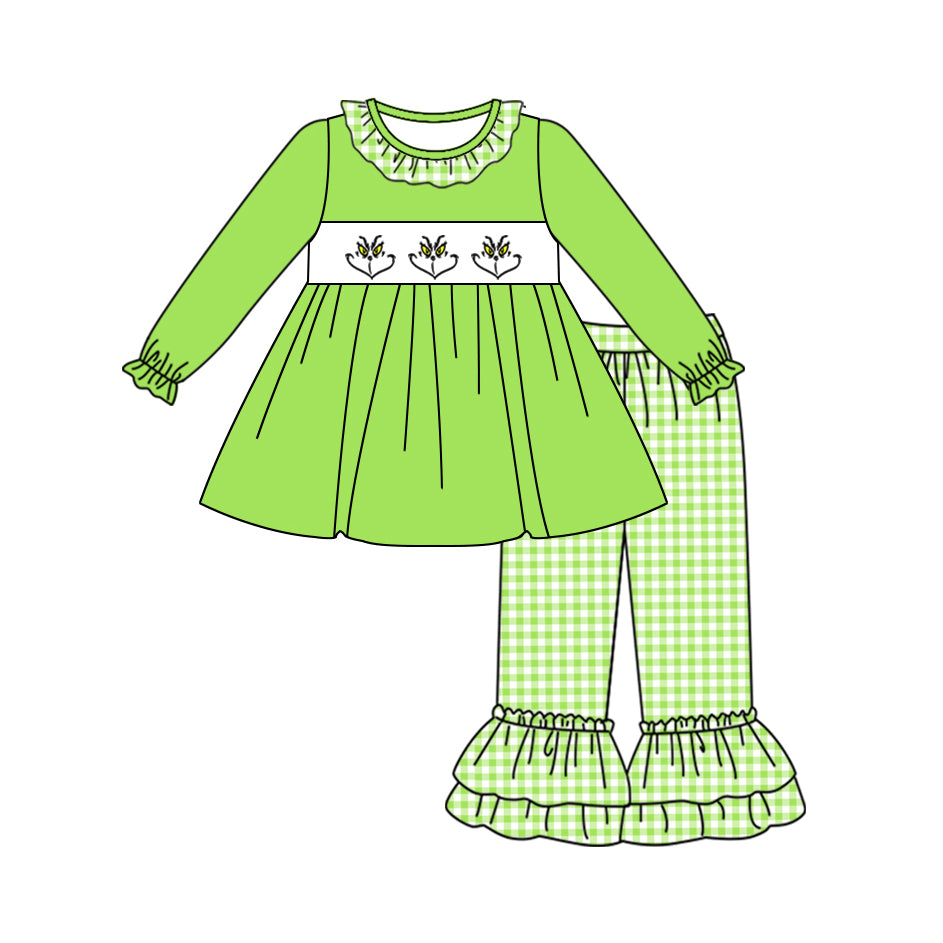 Girls Christmas Set Embroidery Green Face Cartoon