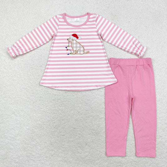 GLP1826 Toddler Baby Girls Chrisrtmas Dog Pink Striped Outfit