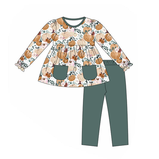 Baby Girls Fall Pumpkin Tunic Top Green Leggings Outfit Preorder