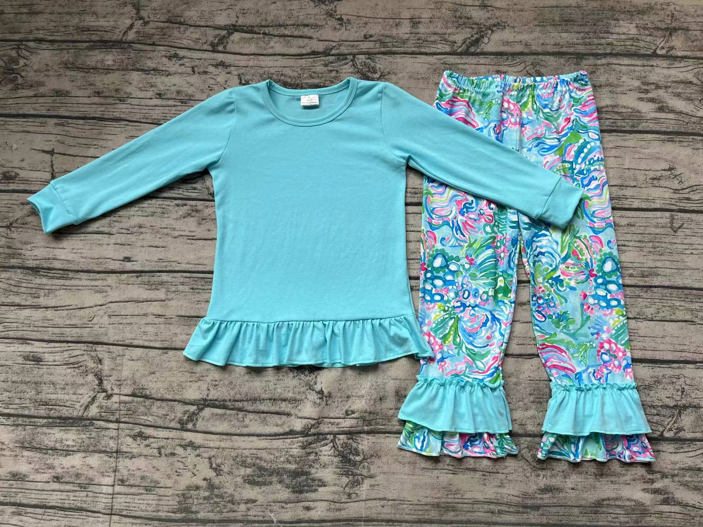 GLP1458 Baby Girls Blue Long Sleeve Top Tropical Pants Outfit