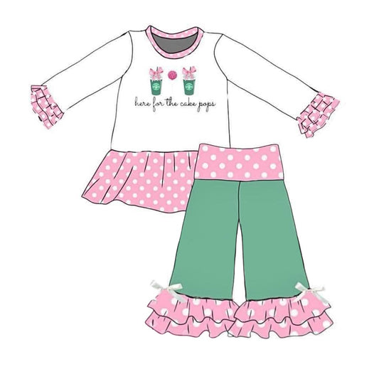 3 MOQ  Baby Girls Cake Top Pink Polka Dot Green Pants Outfit Preorder