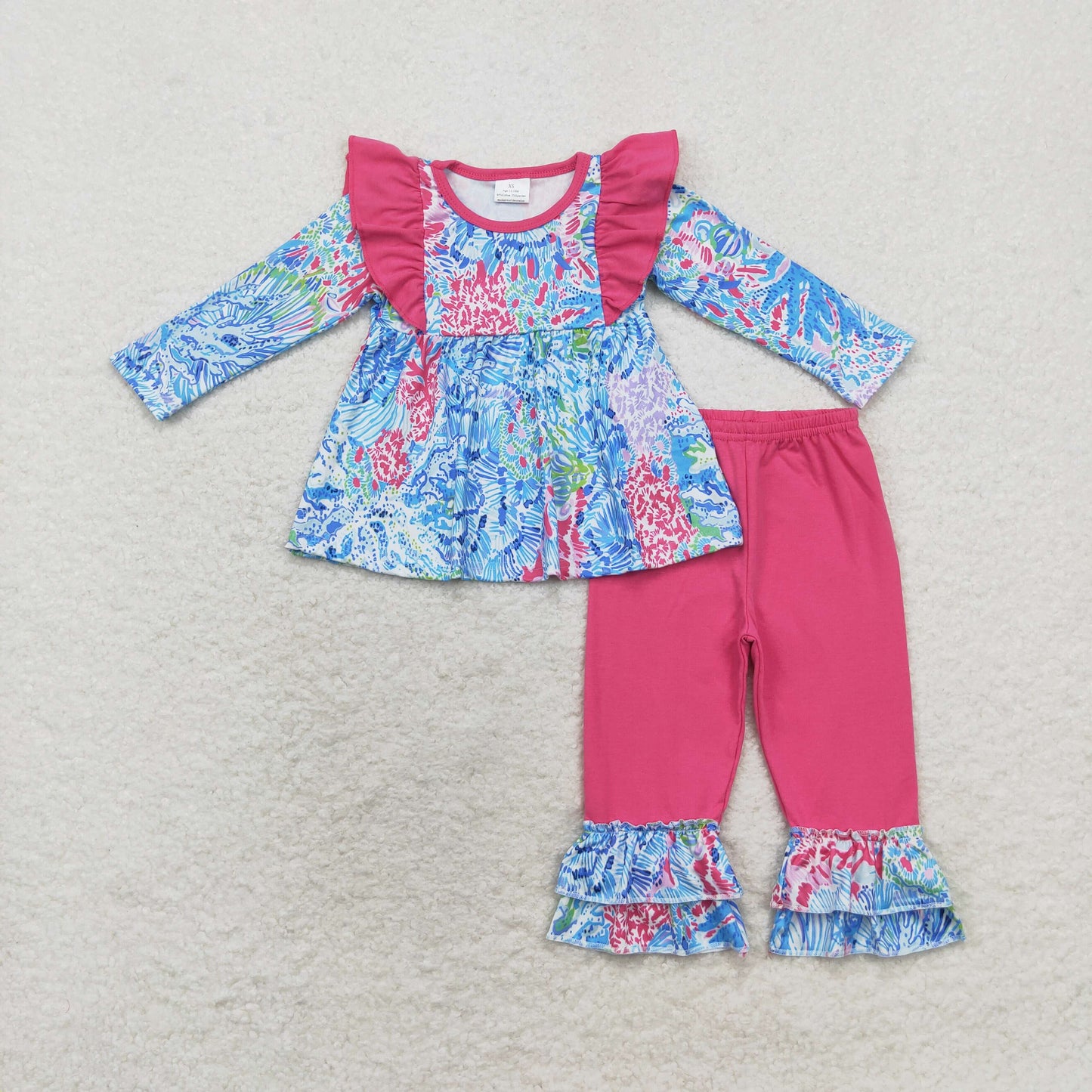 GLP1468 Baby Girls Pink Seaweed Tunic Ruffle Pants Clothes Sets