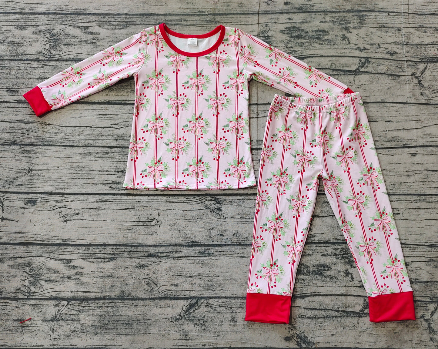 Baby Girls Christmas Holly Berry Bow Bamboo Pajama Set