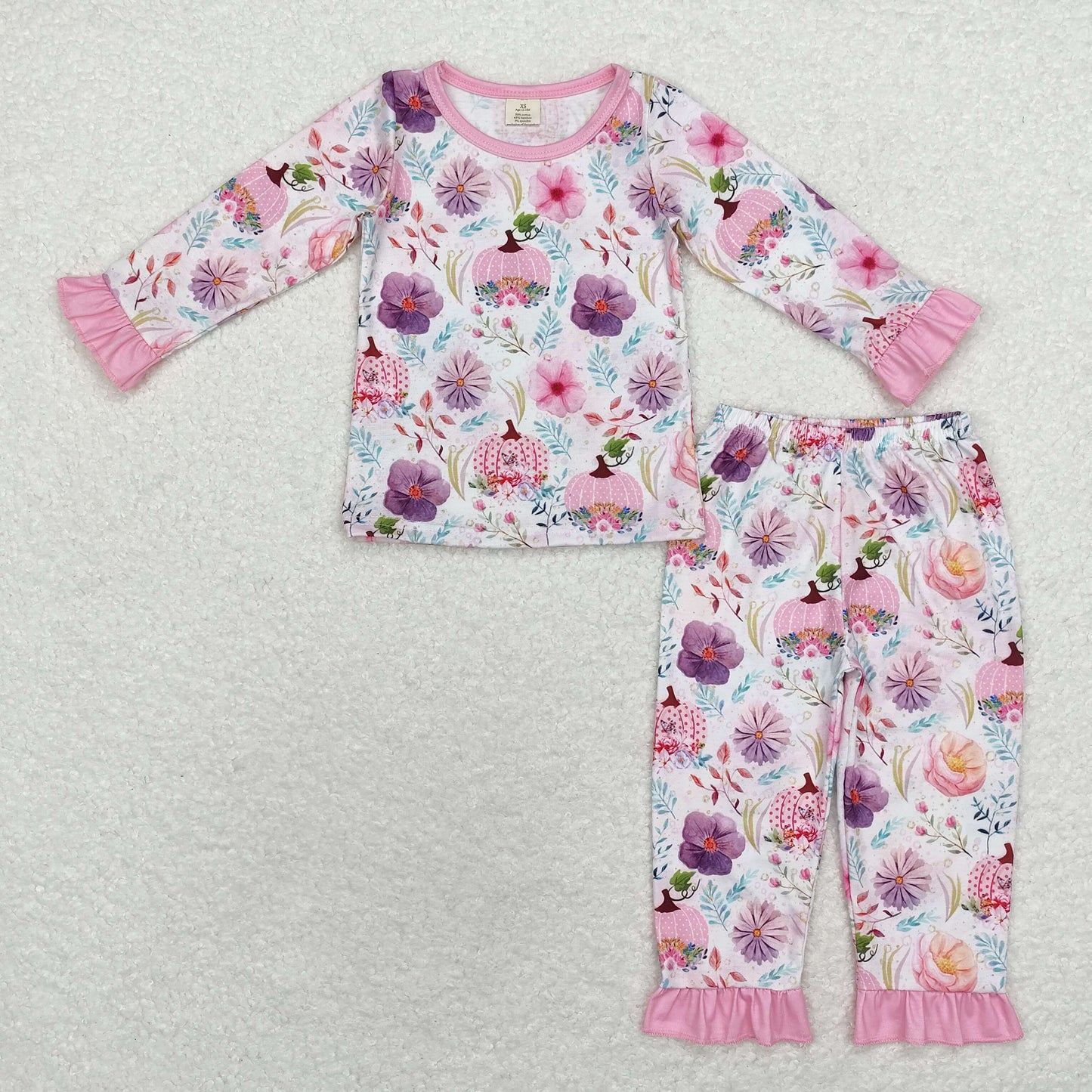 Baby Girls Pumpkin Floral Long Sleeve Bamboo Pajama Set With Ruffle