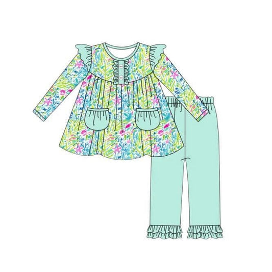 3 MOQ Baby Girls Colorful tropical Floral Long Sleeve  Pants Set Preorder