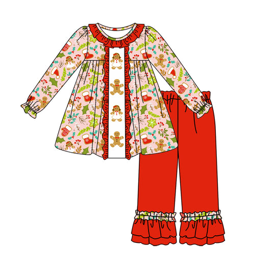 GLP1545 Baby Girls Christmas Gingerbread Tunic Tops Ruffle Pants Clothes Sets Preorder