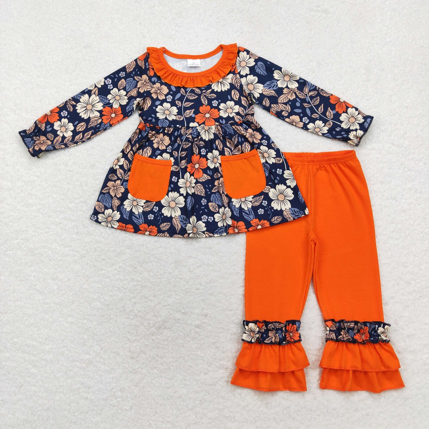 GLP1564 Baby Girls Navy Flowers Pockets Tunic Top Ruffle Pants Clothes Sets