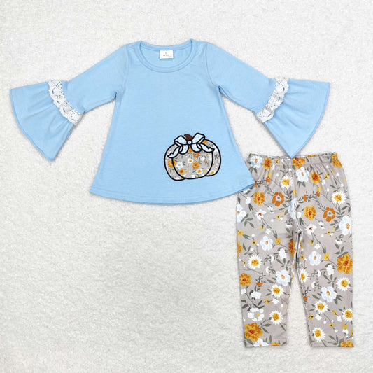 Baby Girls Floral Pumpkin Blue Top Embroidery Outfit