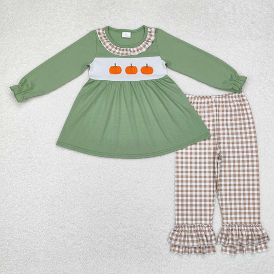 GLP1649 Toddler Girls Pumpkin Top Growm Gingham Pants Set