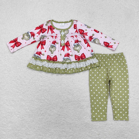 Baby Girls Christmas Cartoon Green Face Bow Long Sleeve +Pants Set