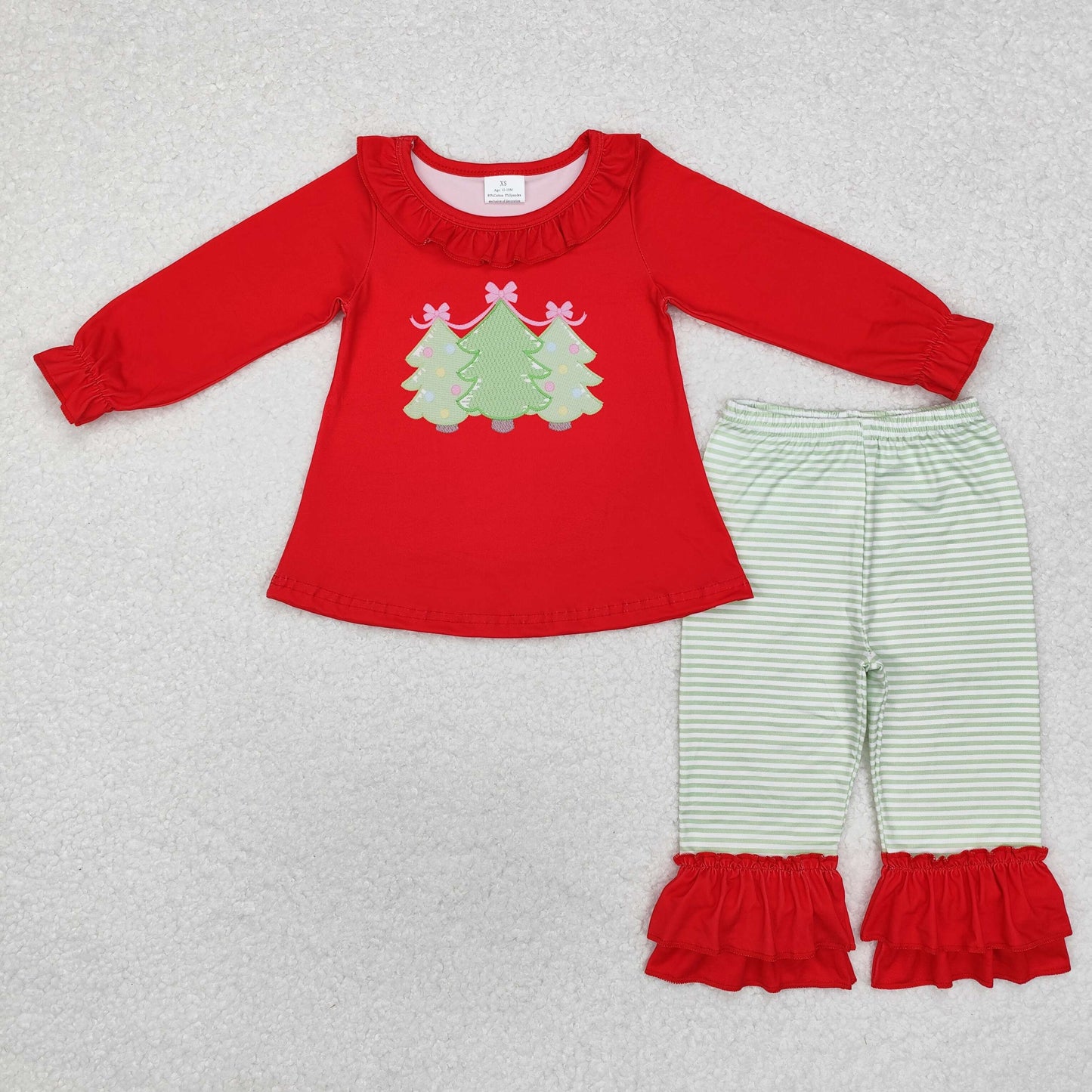 GLP1672 Baby Girls Christmas Tree +Green Striped Ruffle Pants Set