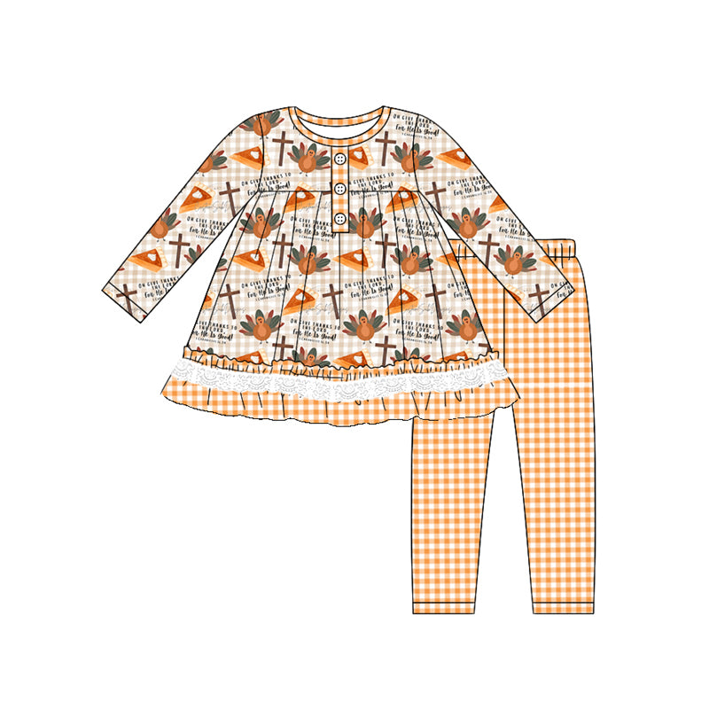 Baby Girls Thanksgiving Turkey Top Orange Gingham Leggings Set Pre-roder 3 MOQ