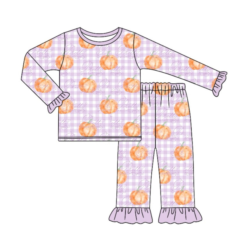 GLP1713 Infant Baby Girls Fall Pumpkin Purple Checker Pajama Set Pre-order