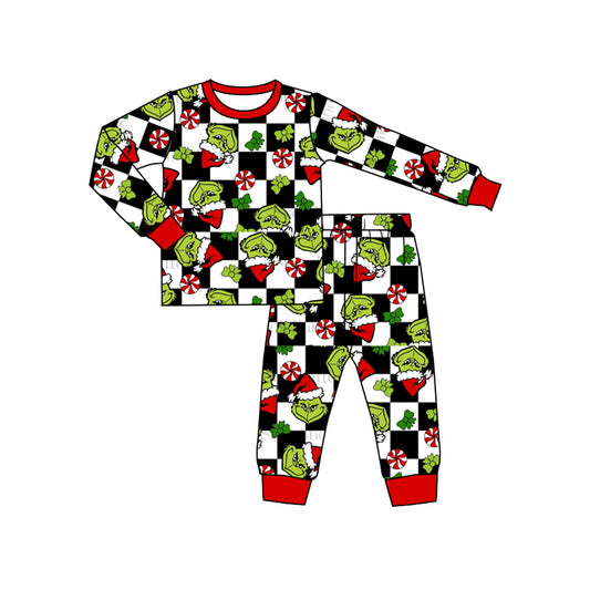 Baby Boys Christmas Green Face Cartoon Checker Long Sleeve Pajama Set Pre-order