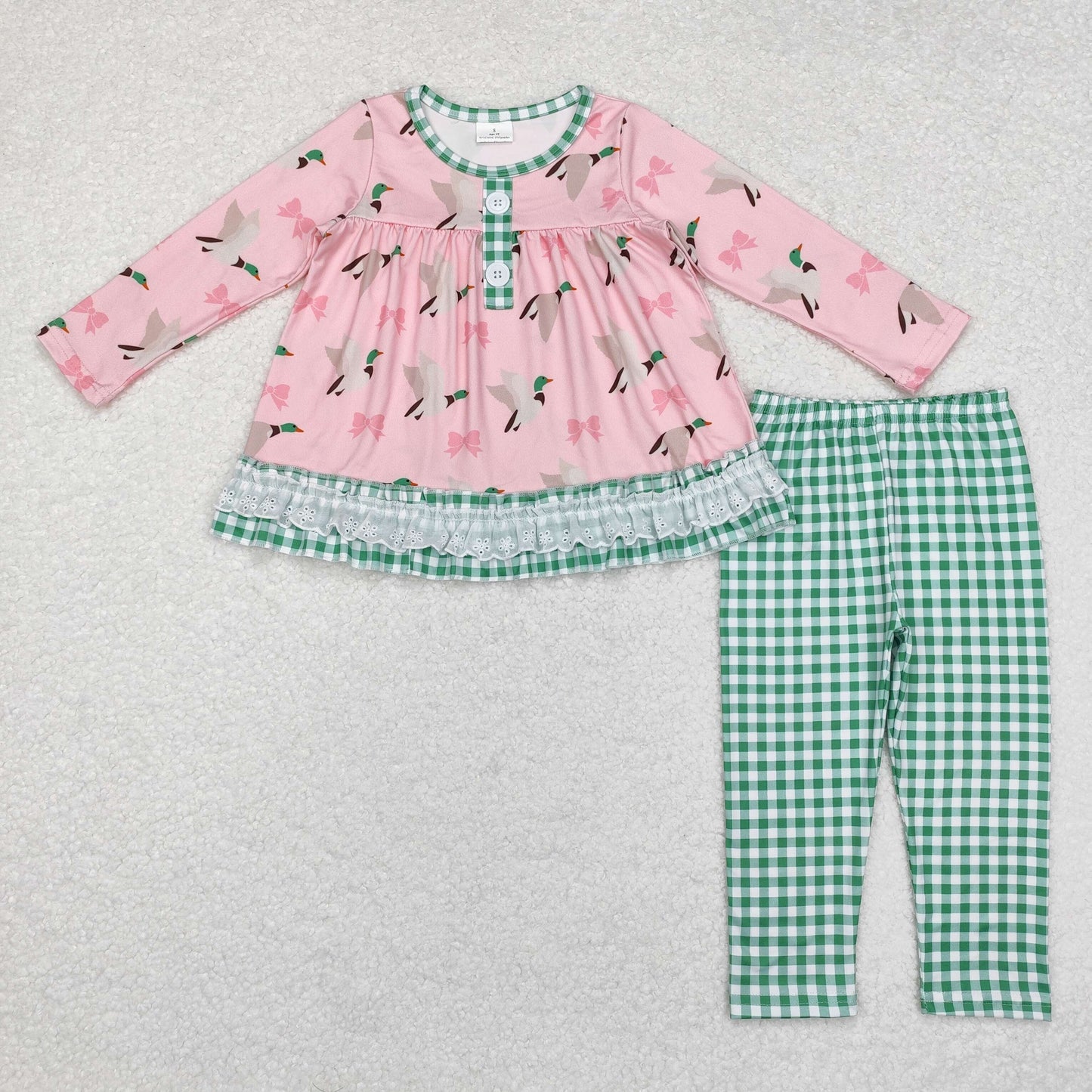 GLP1753 Baby Girls Mallard Bow Top Green Pants Outfit